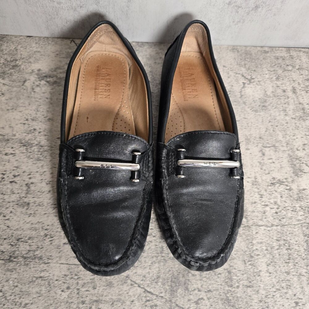 Lauren Ralph Lauren Caliana Sz 7.5B Flat Shoes Black Leather Driving Loafers